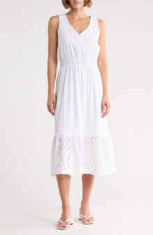 Splendid Embroidered Eyelet Sleeveless Cotton Blend Midi Dress