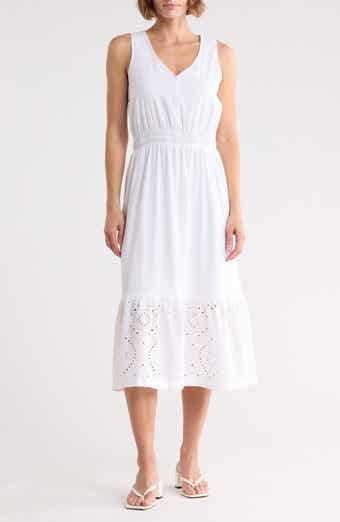 Splendid Embroidered Eyelet Sleeveless Cotton Blend Midi Dress