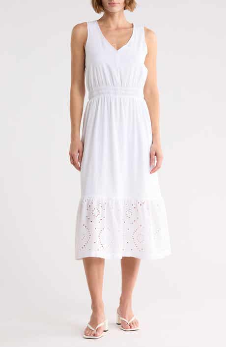 Splendid Embroidered Eyelet Sleeveless Cotton Blend Midi Dress