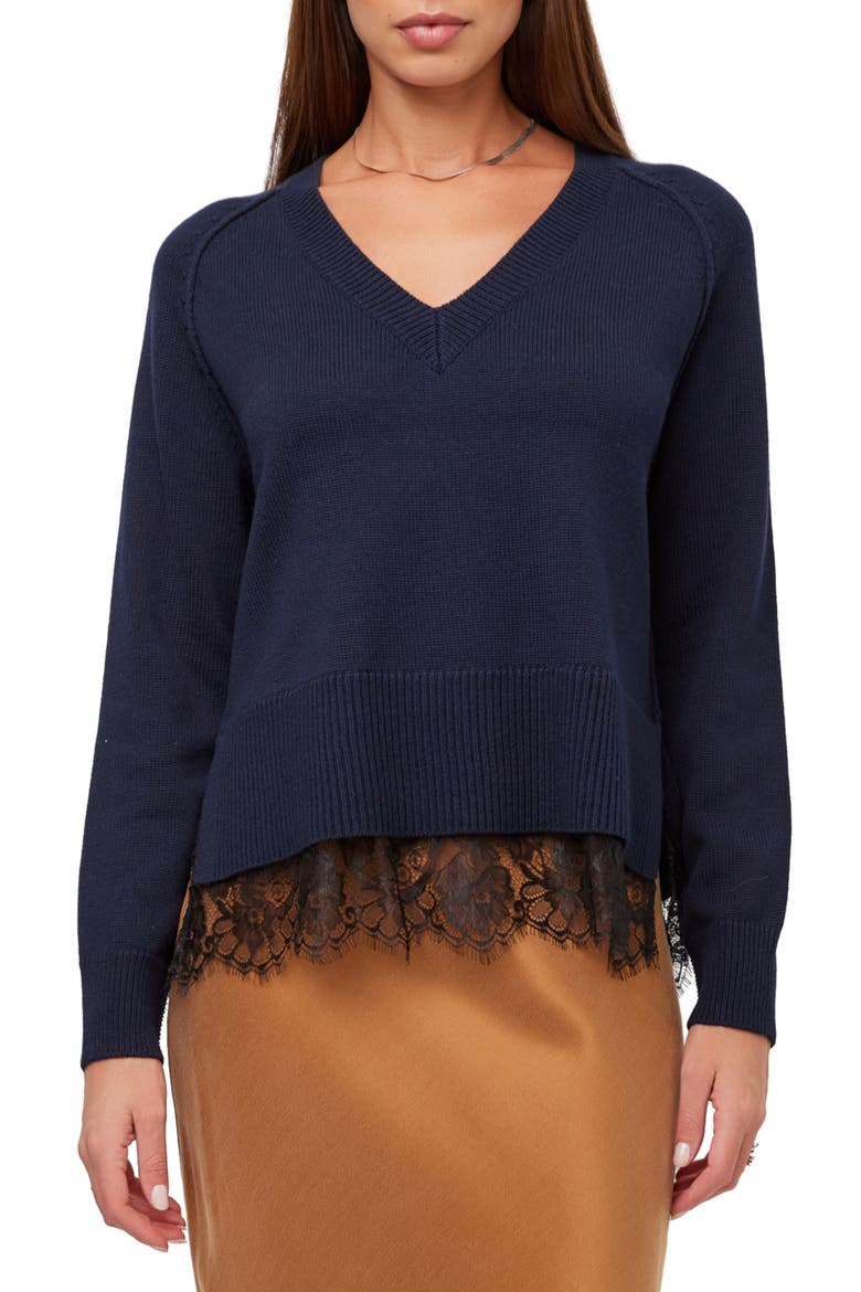 Camila Lace Layered V-Neck Sweater, Main, color, NAVY