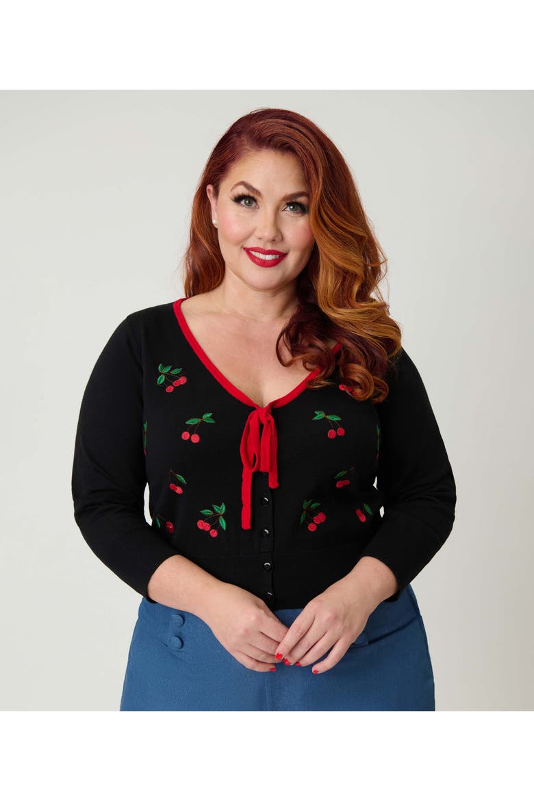 Plus Size 1950s Crop Knit Cardigan, Main, color, Black W/Cherries