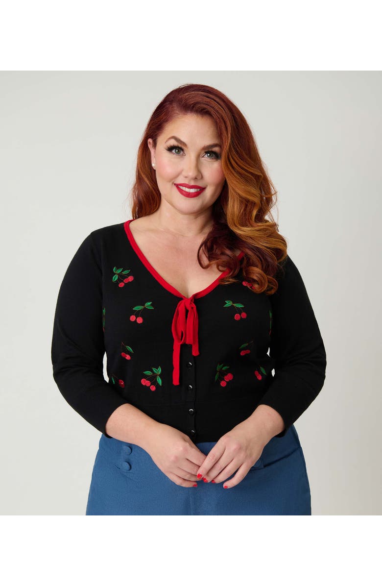 Unique Vintage Plus Size 1950s Crop Knit Cardigan, Main, color, Black W/Cherries