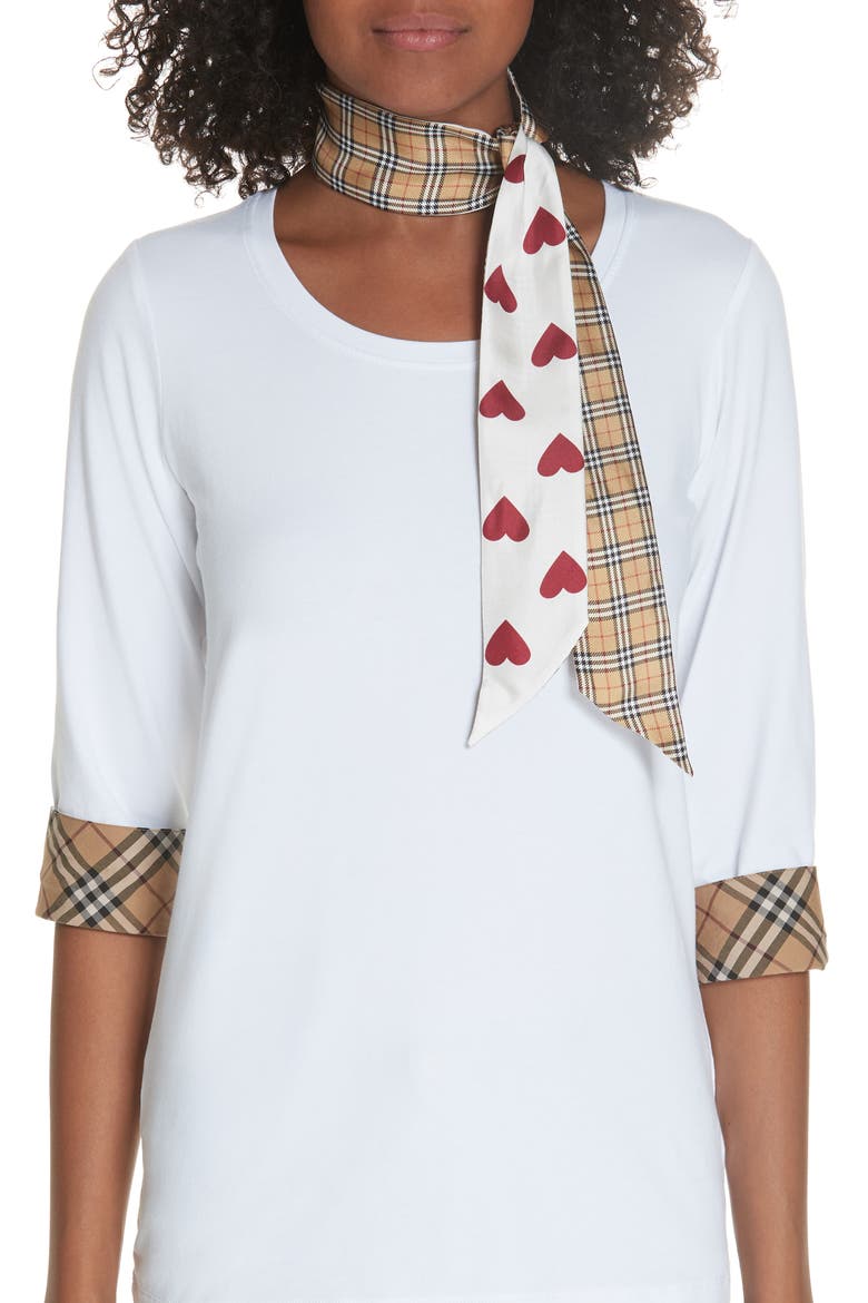 Heart & Check Silk Skinny Scarf, Alternate, color, MULTICOLOUR