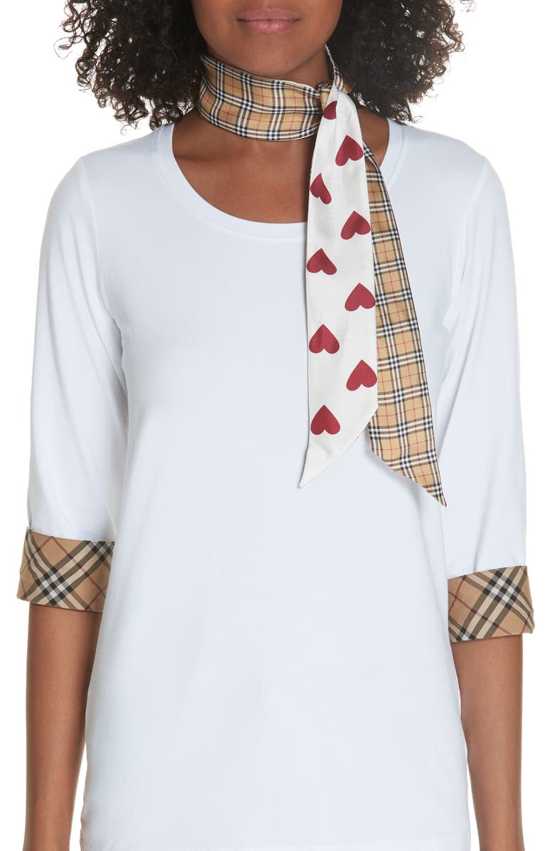 Burberry Heart & Check Silk Skinny Scarf, Alternate, color, 
