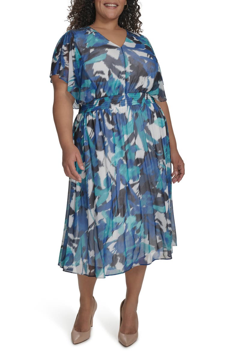 Flutter Sleeve Fit & Flare Midi Dress, Main, color, IVORY MULT