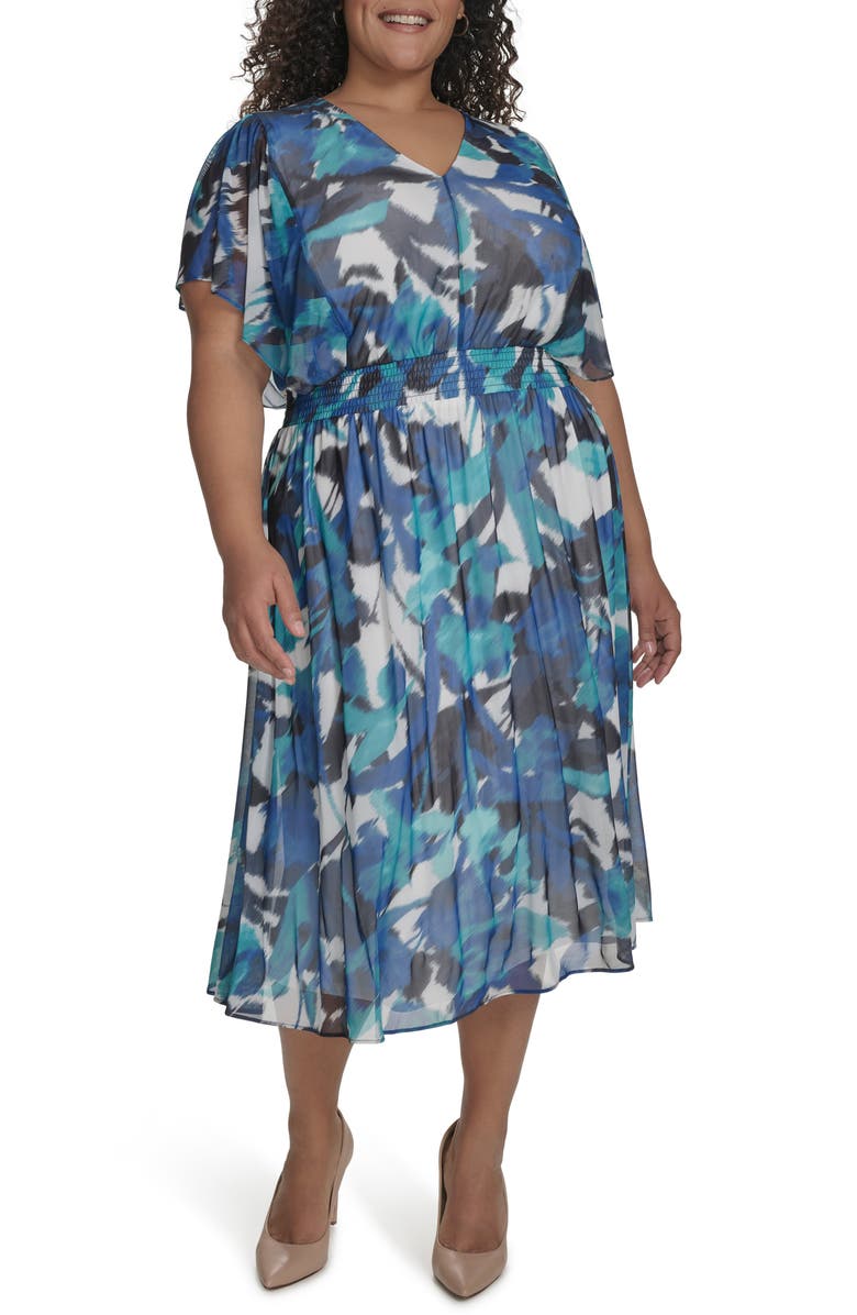 DKNY Flutter Sleeve Fit & Flare Midi Dress, Main, color, Ivory Mult