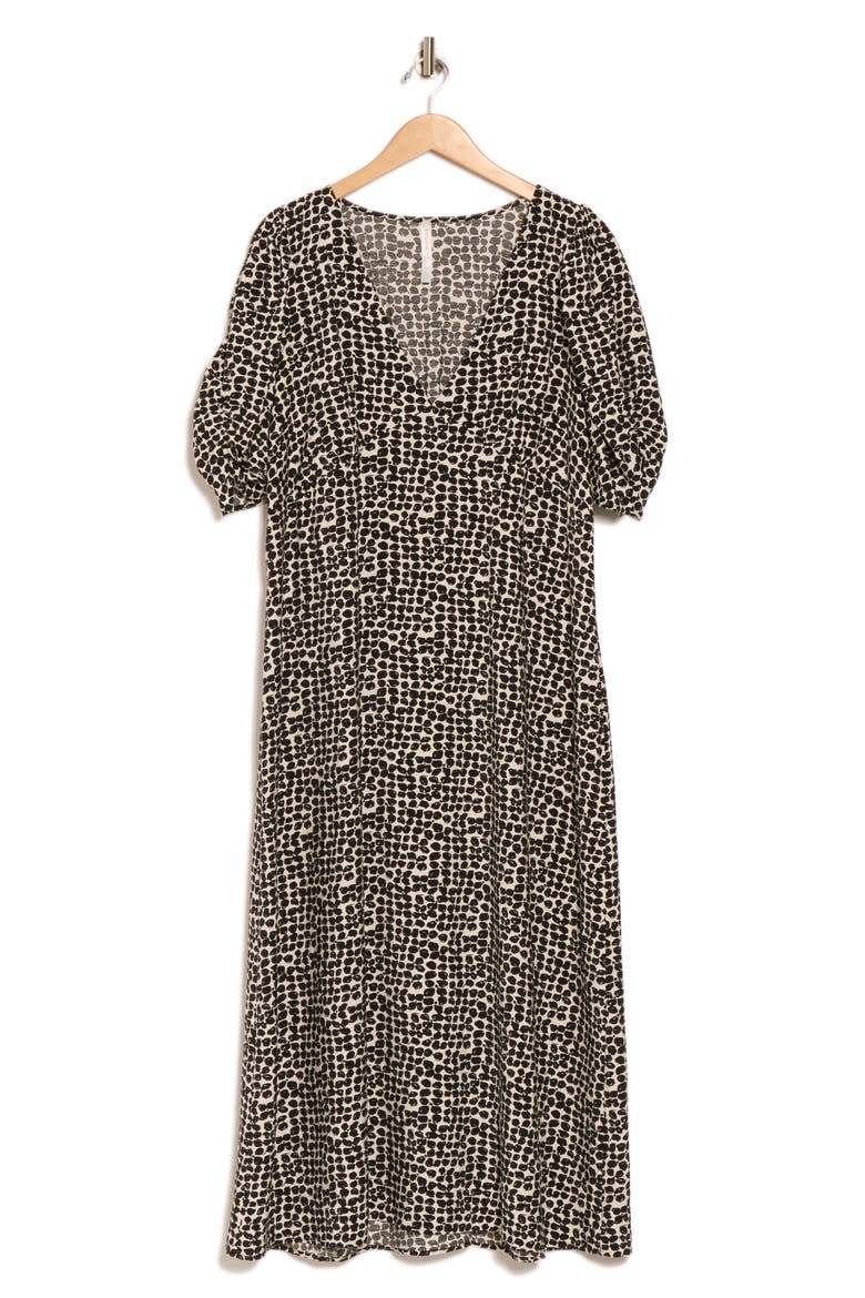 Floral V-Neck Midi Dress, Alternate, color, BLACK