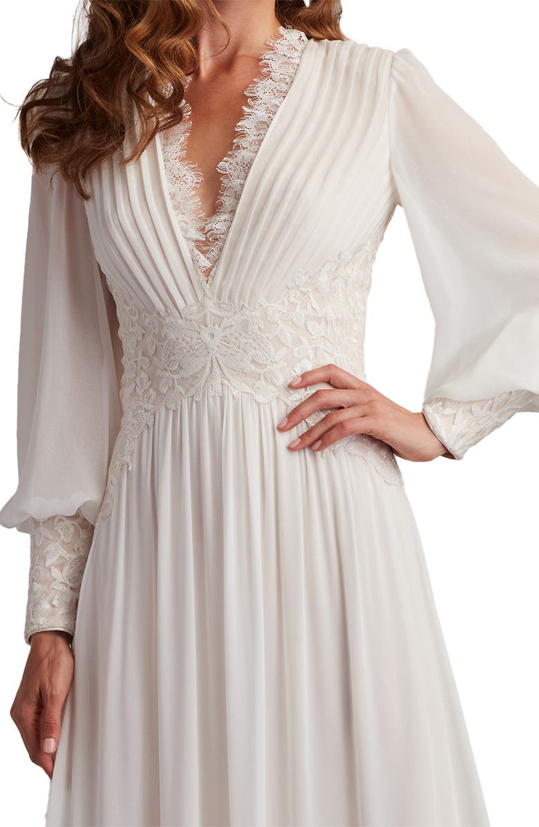 Tadashi Shoji Ruffle Pleated Long Sleeve Chiffon Gown, Alternate, color, Ivory/ Petal