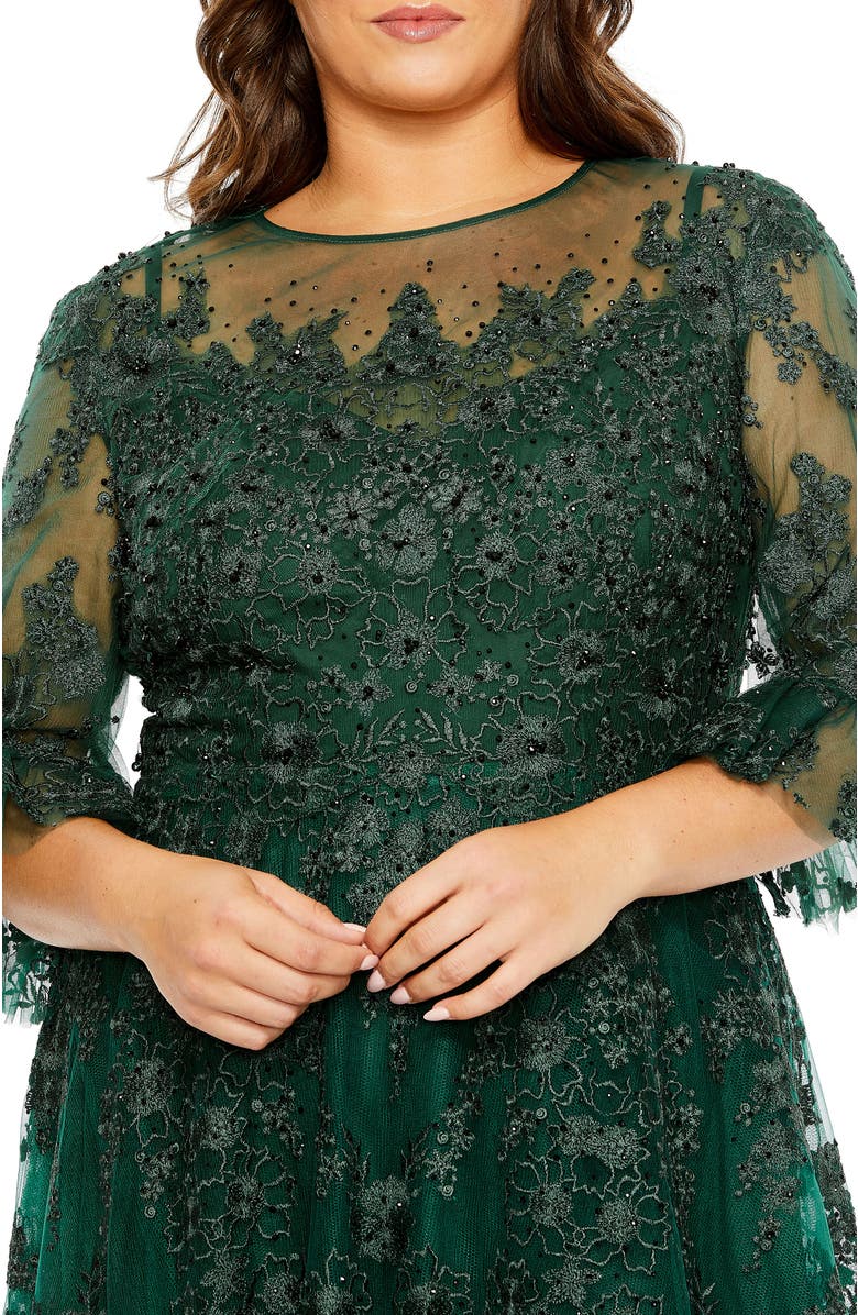Mac Duggal High Neck Flutter Sleeve Embroidered A Line Gown, Alternate, color, Emerald
