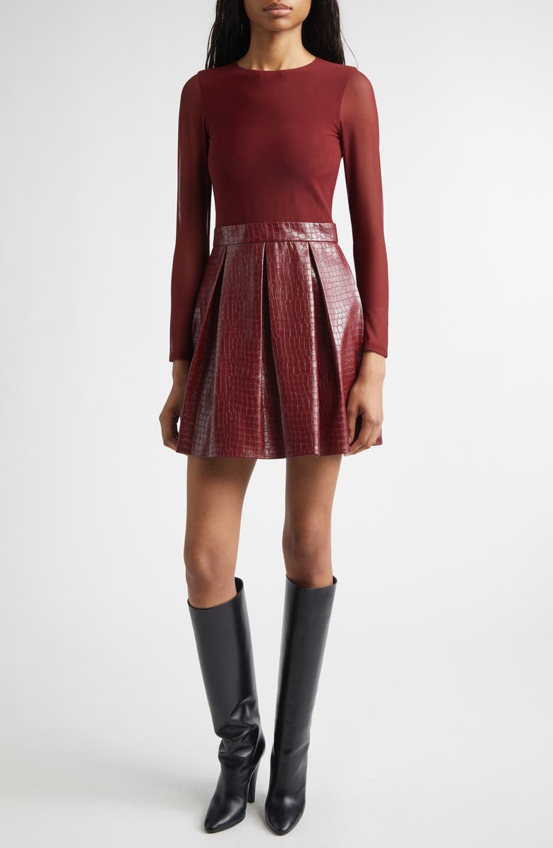 Alice + Olivia Chara Long Sleeve Faux Leather Party Dress, Main, color, Oxblood