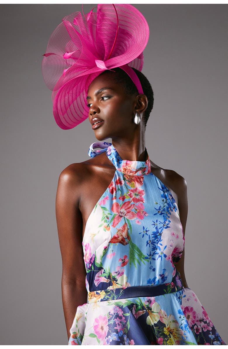 Coast Cross Neck Printed Frill Skirt Dress, Alternate, color, Navy