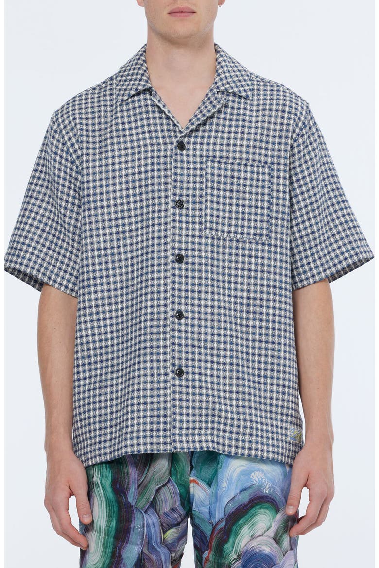 Relaxed Jacquard Cotton & Linen Camp Shirt, Main, color, BLUE DIAMOND