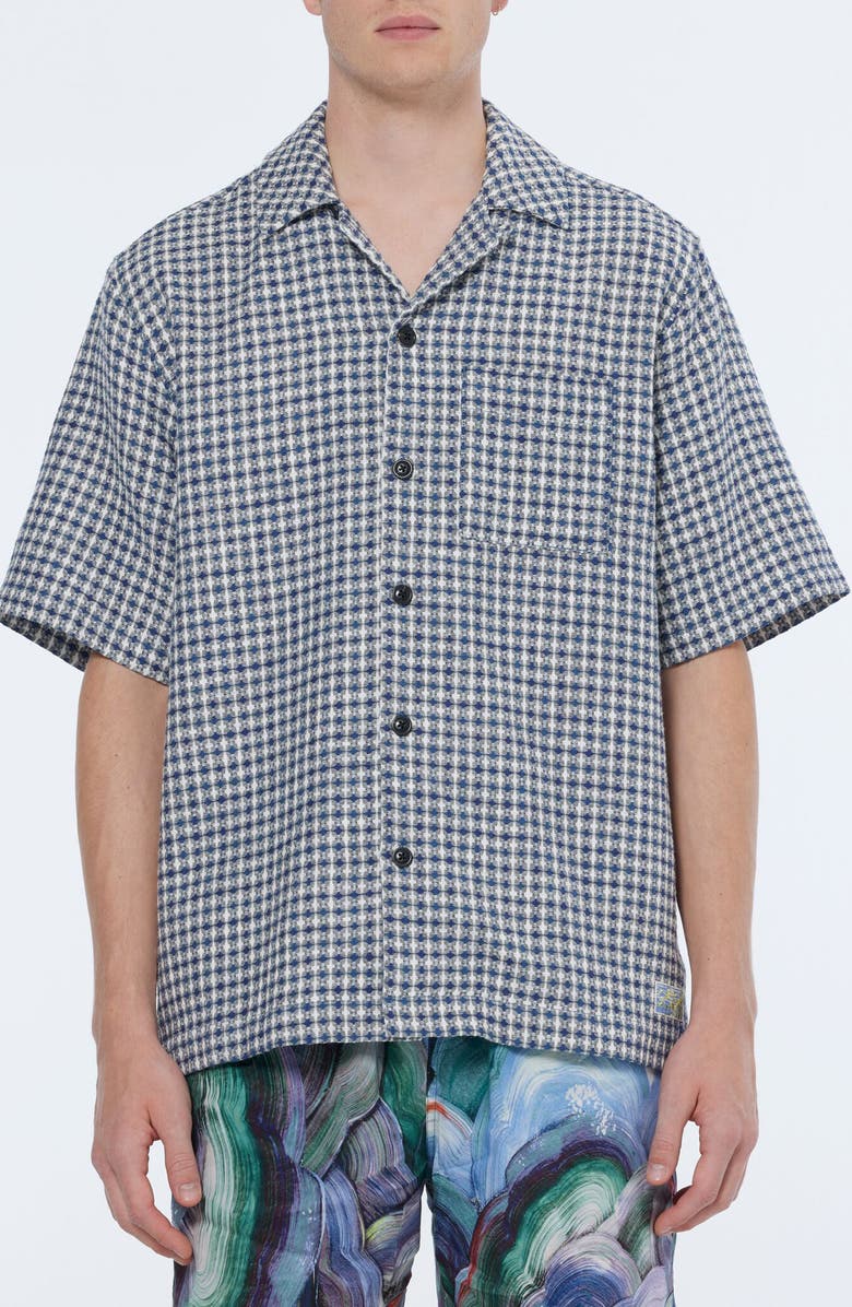 Scotch & Soda Relaxed Jacquard Cotton & Linen Camp Shirt, Main, color, Blue Diamond