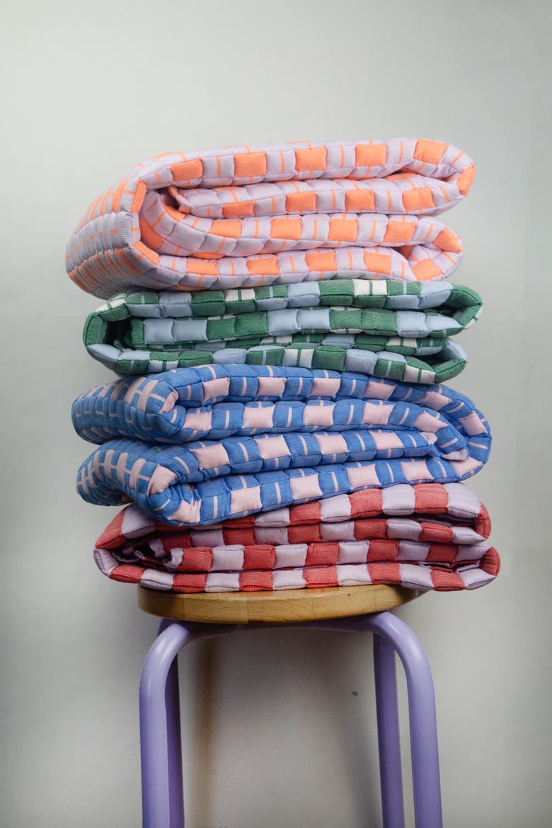 Quilted Sujani Checkered Throw Blanket, Alternate, color, Blue