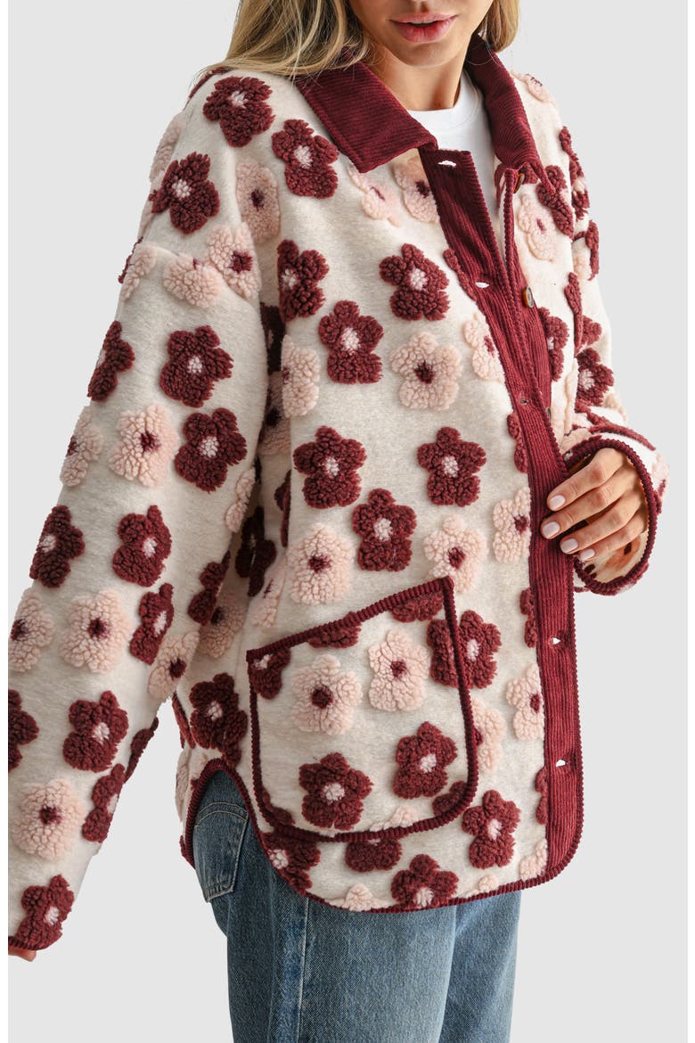 Floral High Pile Fleece Jacket, Alternate, color, CREAM BURGUNDY