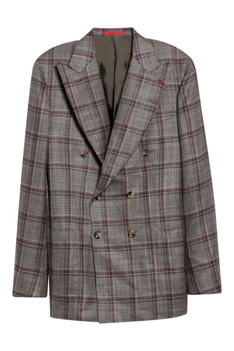 Overcheck Matte Effect Double Breasted Wool & Silk Jacket, Main, color, MEDIUM BROWN 400