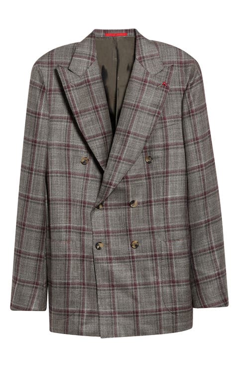 Overcheck Matte Effect Double Breasted Wool & Silk Jacket