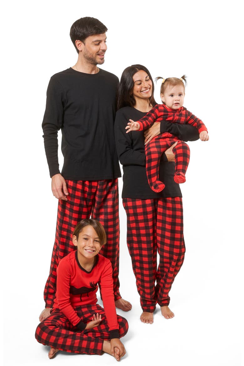 Men's Cotton Top & Fleece Pants Printed Matching Family Holiday Pajama Set, Alternate, color, Plaid Black & Red