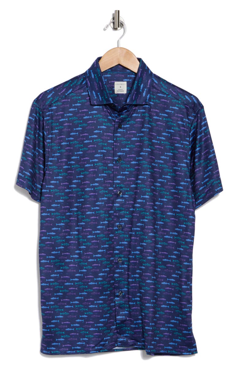 CONSTRUCT Slim Fit Neon Fish 4-Way Stretch Short Sleeve Button-Up Shirt, Alternate, color, Navy