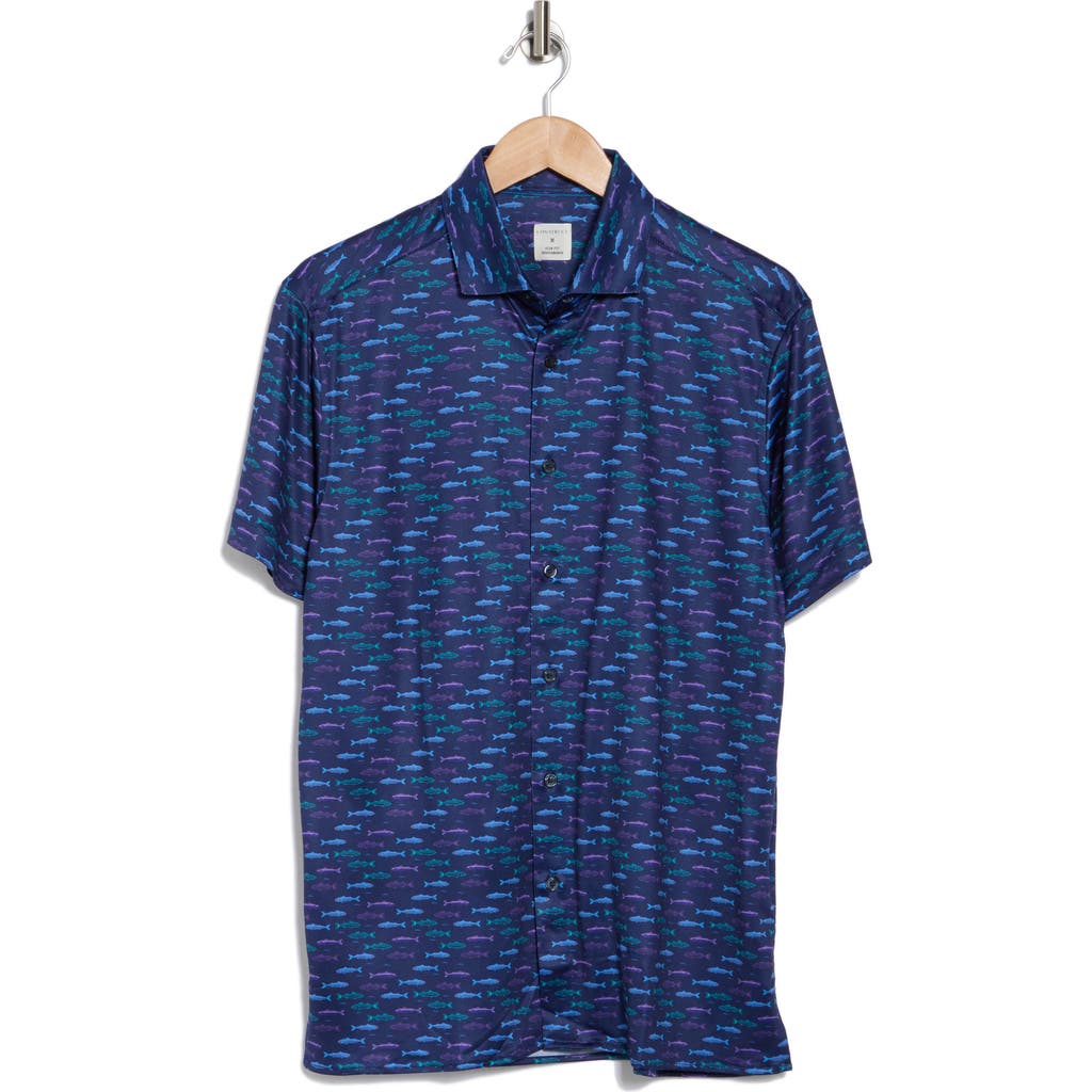 Construct Slim Fit Neon Fish 4-way Stretch Short Sleeve Button-up Shirt In Navy