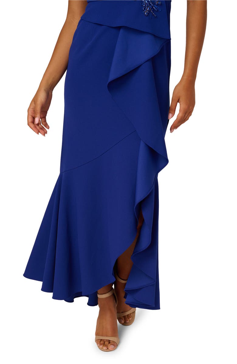 Adrianna Papell Beaded Appliqué Ruffle Crepe Gown, Alternate, color, Royal Sapphire