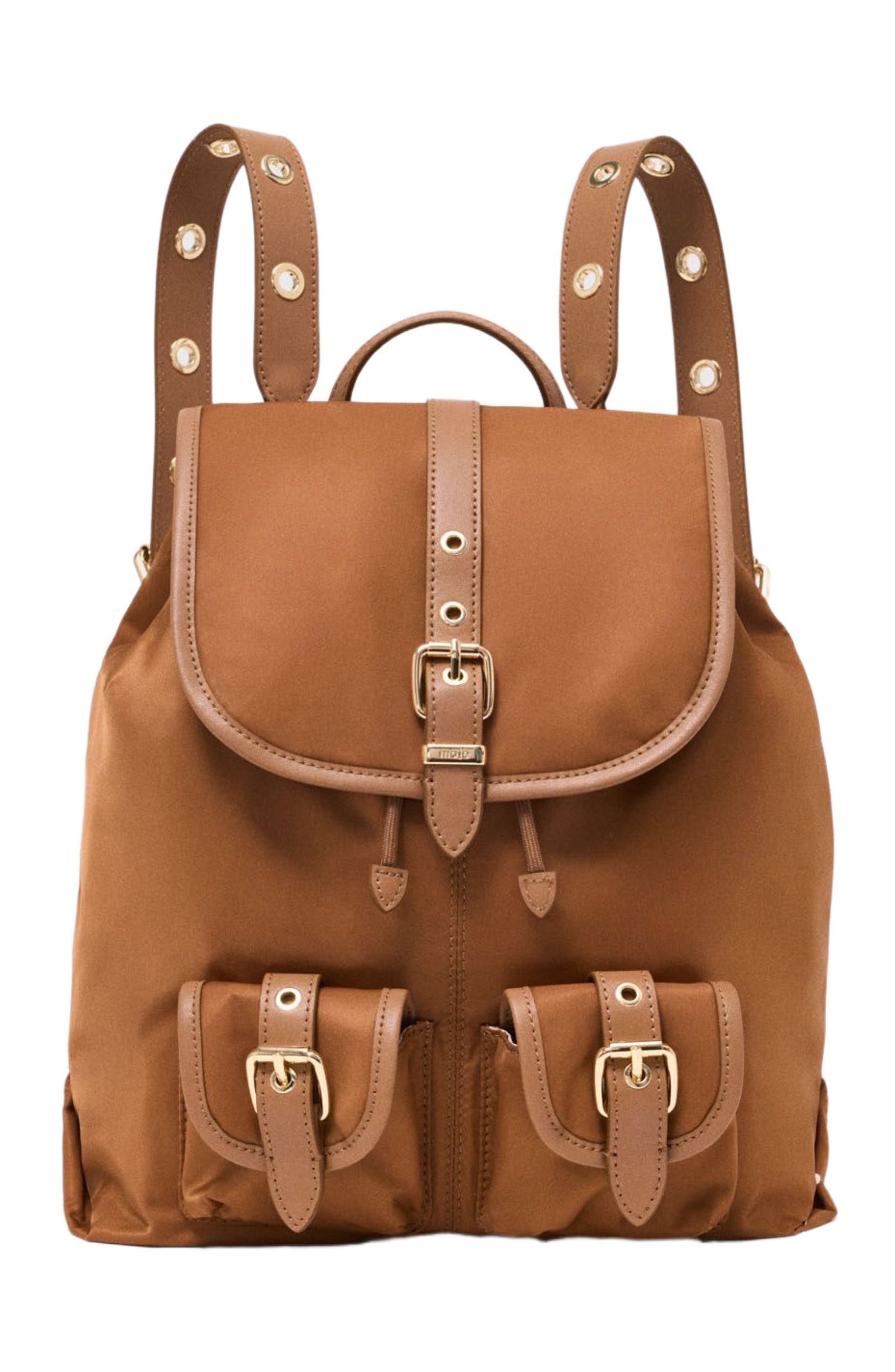 maje Leather and nylon backpack, Main, color, Camel