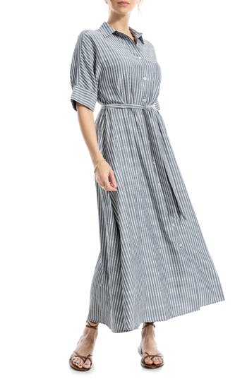 Max Studio Stripe Short Sleeve Maxi Shirtdress In Gray