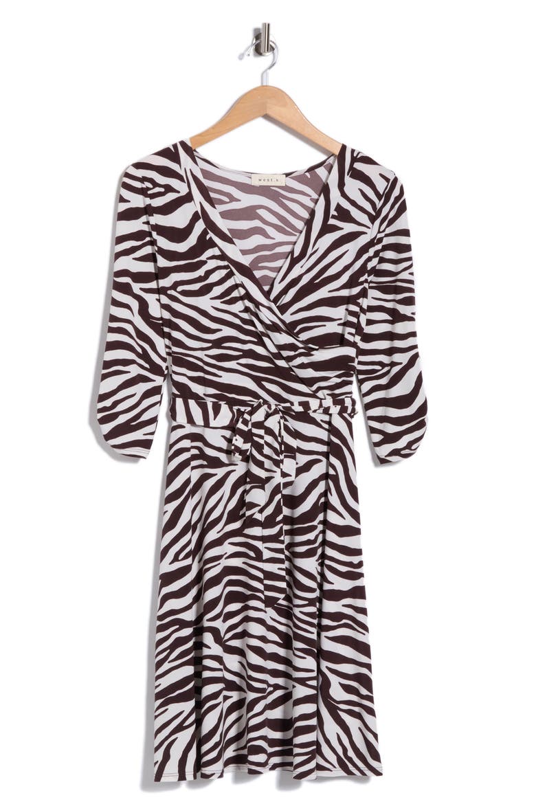 Faux Wrap Midi Dress, Alternate, color, WHITE BROWN ZEBRA