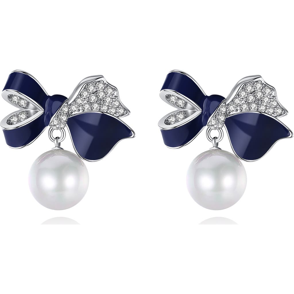 Classicharms Blue Enamel Butterfly Imitation Pearl Dangle Earrings In Blue