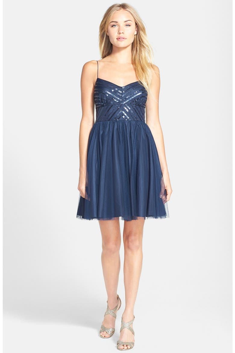 Aidan by Aidan Mattox Spaghetti Strap Sequin & Tulle Dress, Alternate, color, MIDNIGHT