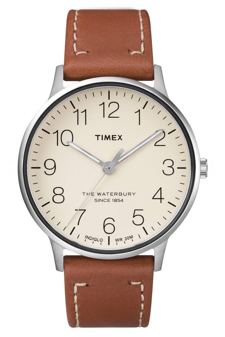Waterbury Classic Leather Strap Watch, 40mm, Main, color, BROWN/ CREAM/ SILVER