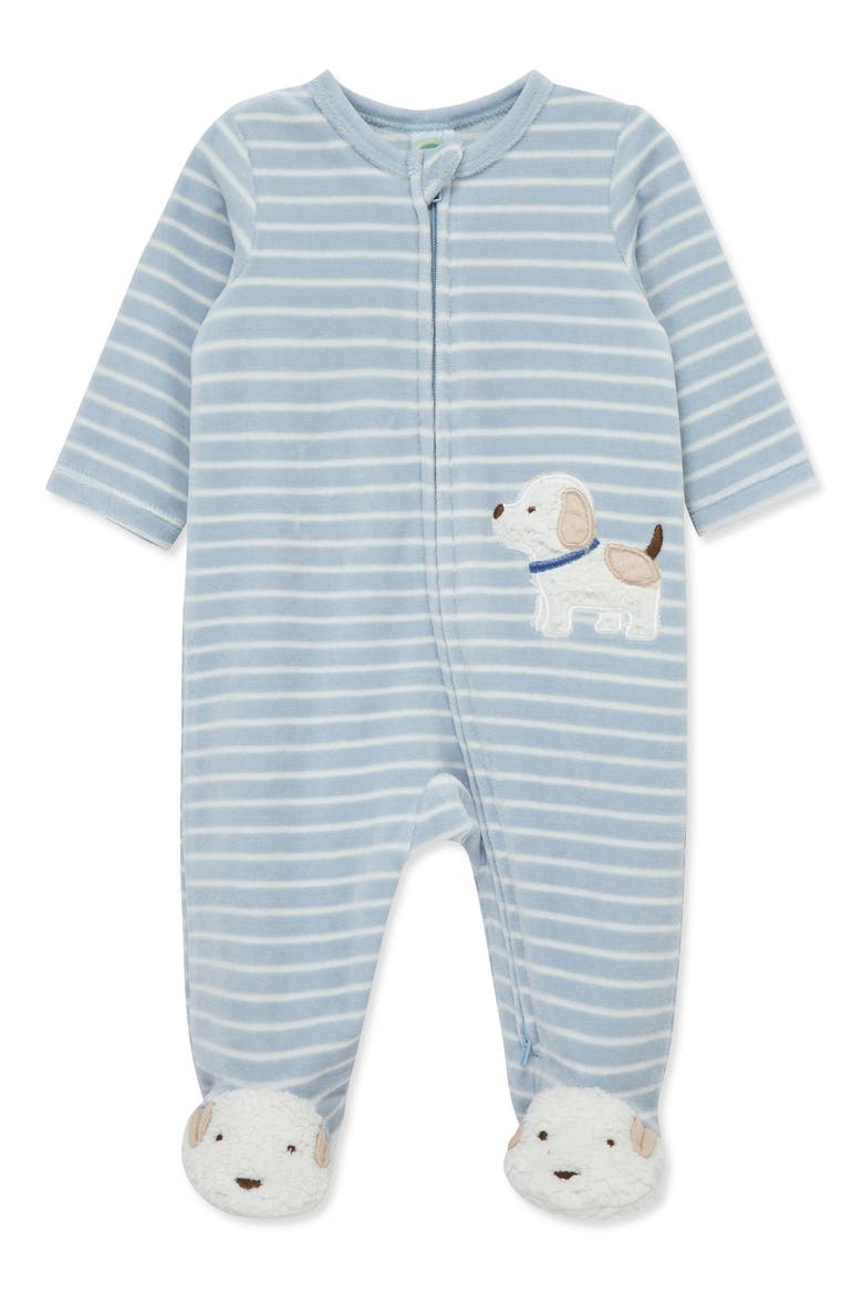 Fluffy Pup Velour Zip Footie, Main, color, BLUE STRIPE