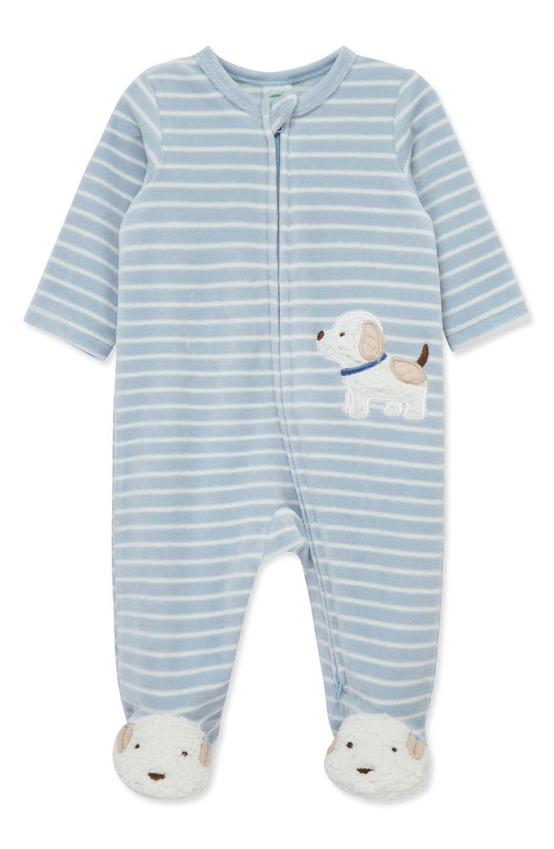 Little Me Fluffy Pup Velour Zip Footie, Main, color, Blue Stripe