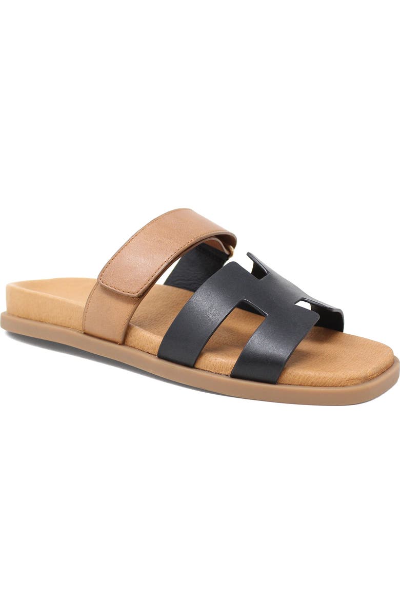 DJANGO AND JULIETTE Nodette Flat Sandal Slide, Main, color, Black-Tan Leather