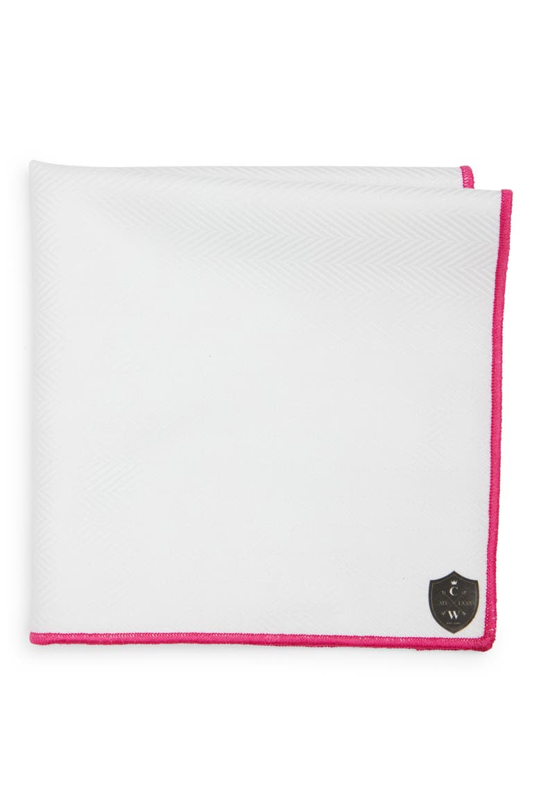 White Cotton Herringbone Pocket Square with Fuchsia Trim, Main, color, FUCHSIA
