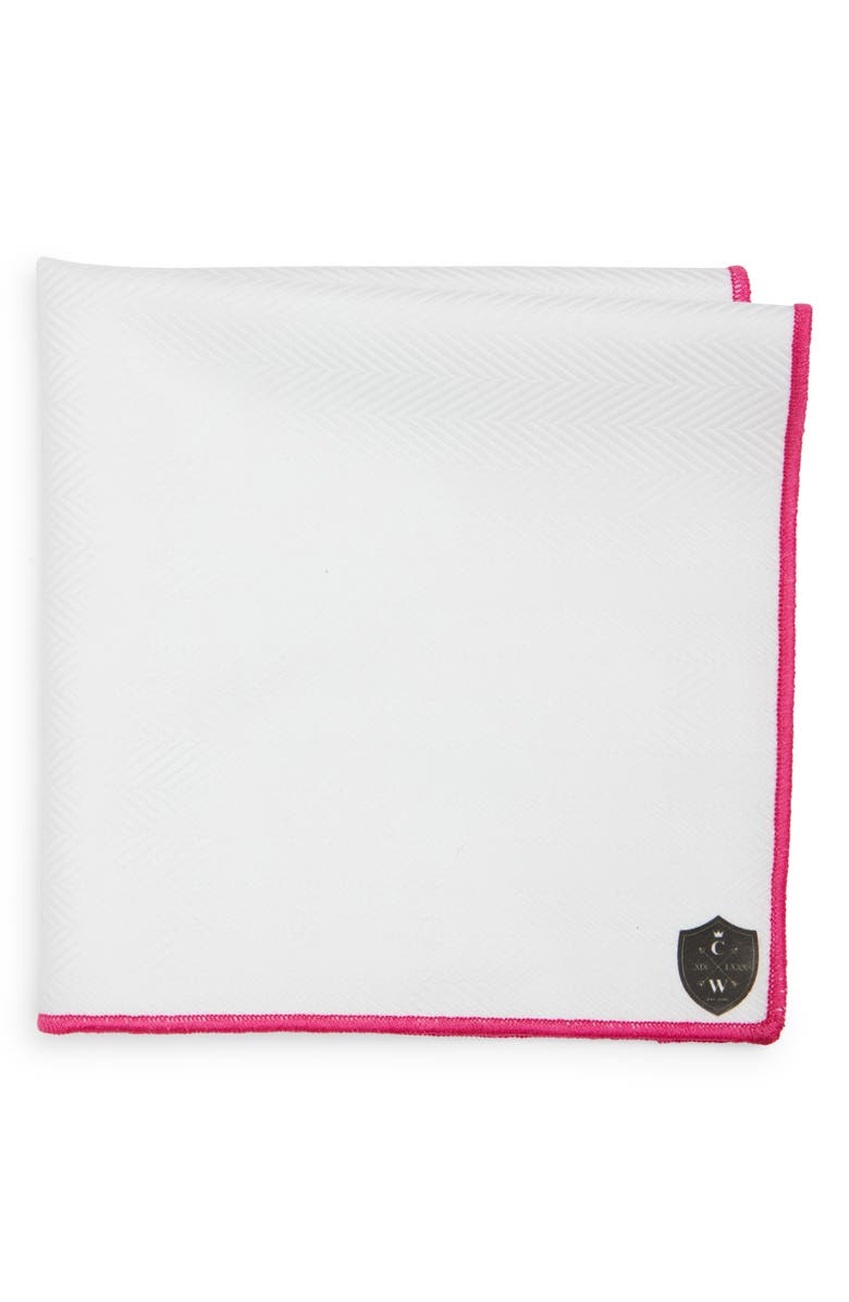 CLIFTON WILSON White Cotton Herringbone Pocket Square with Fuchsia Trim, Main, color, Fuchsia