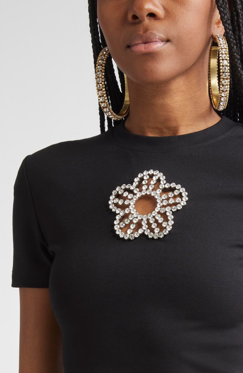 Area Crystal Flower Cutout Crop T-Shirt, Alternate, color, Black