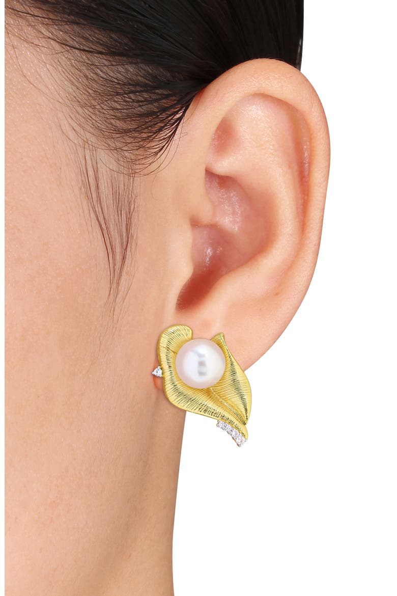Sterling Silver Lab Created White Sapphire & Pearl Leaf Stud Earrings, Alternate, color, WHITE GOLD