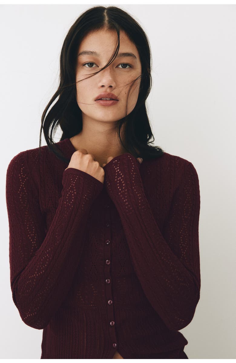 H&M Pointelle-knit cardigan, Alternate, color, Burgundy