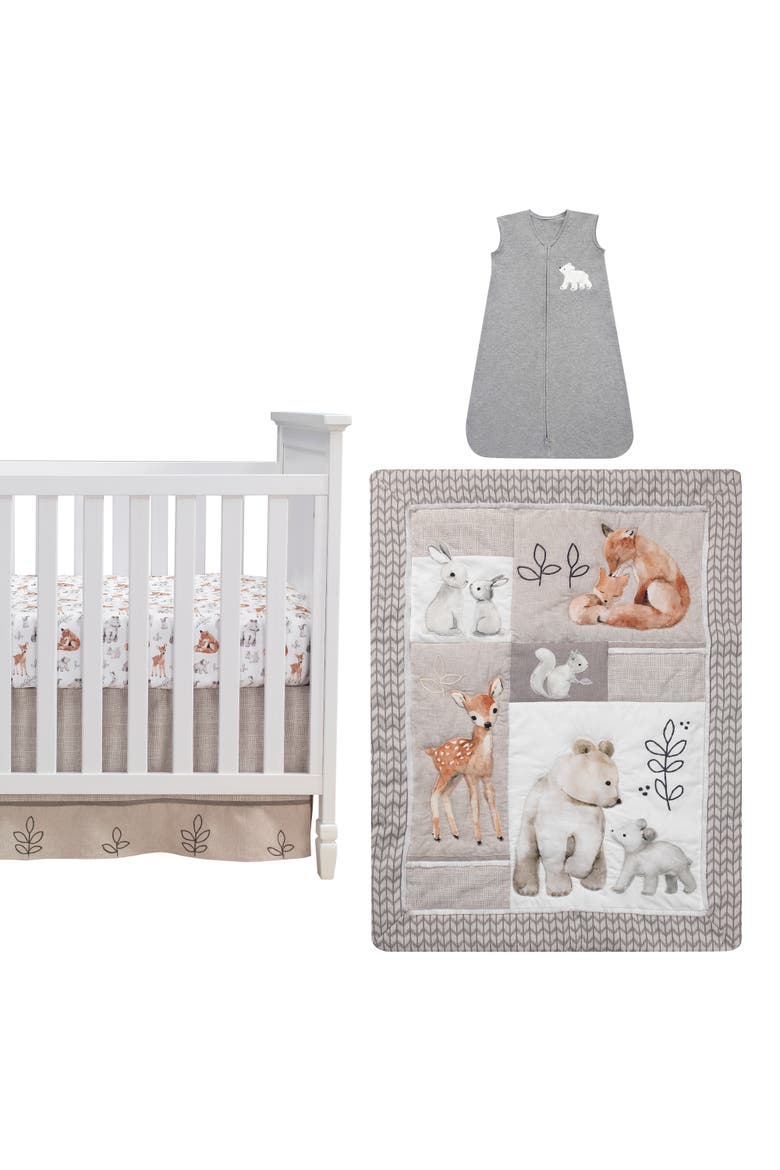 Painted Forest Woodland Animals 4-Piece Nursery Baby Crib Bedding Set, Main, color, Tan