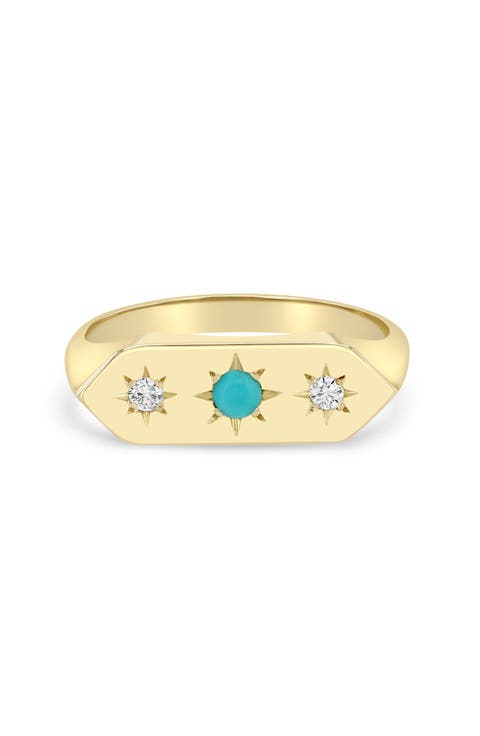 14K Gold Turquoise & Diamond Signet Ring