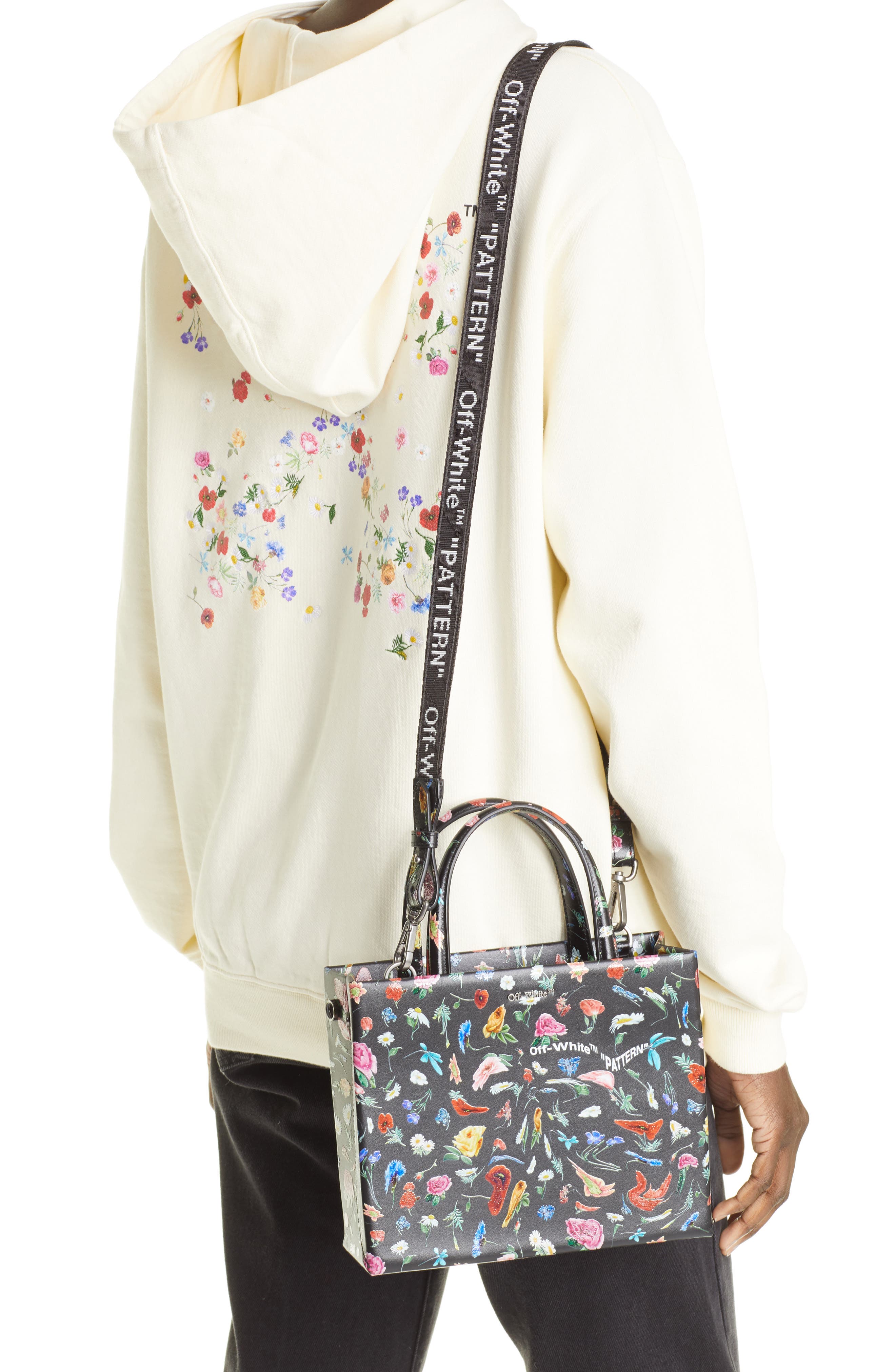Off-White Drunken Flower Mini Box Leather Top Handle Bag, Alternate, color, 