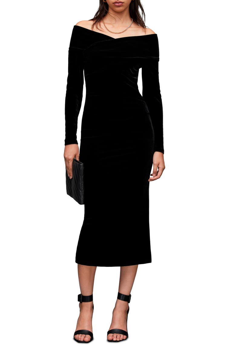 Delta Off the Shoulder Long Sleeve Velvet Midi Dress, Main, color, BLACK
