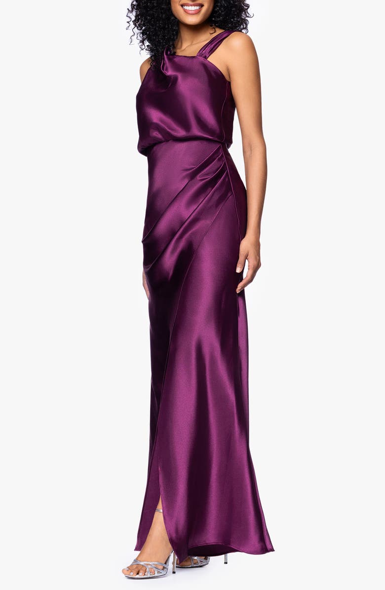 Betsy & Adam Ruched Charmeuse Sheath Gown, Alternate, color, Plum