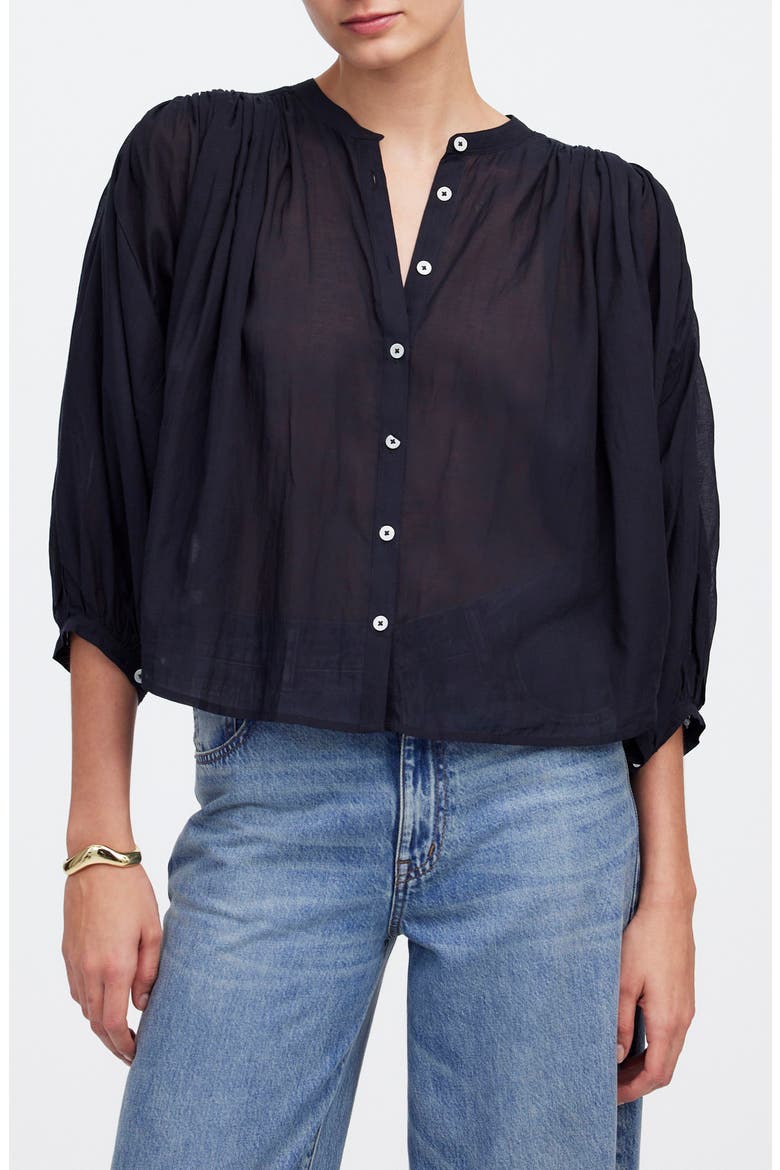 Shirred Voile Button-Up Top, Main, color, JET BLACK