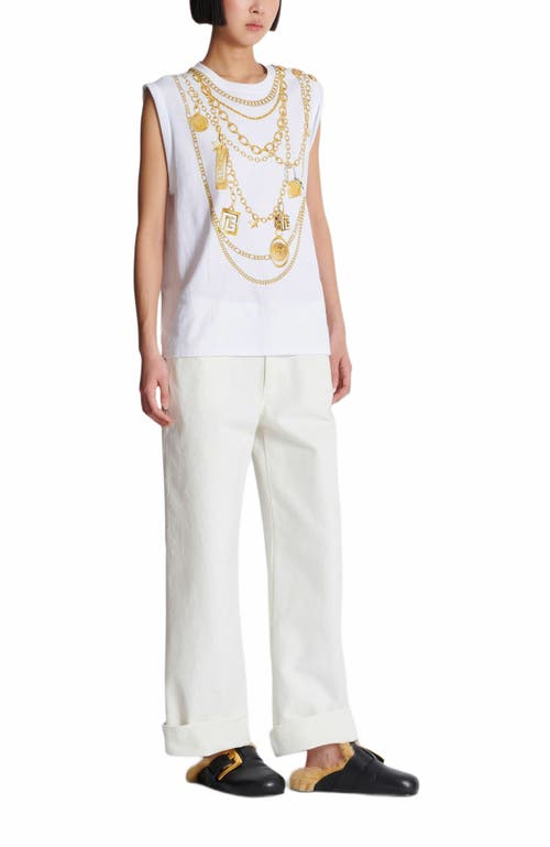 Balmain White Sleeveless Top With Maxi Necklace Print On Front And Rear In White