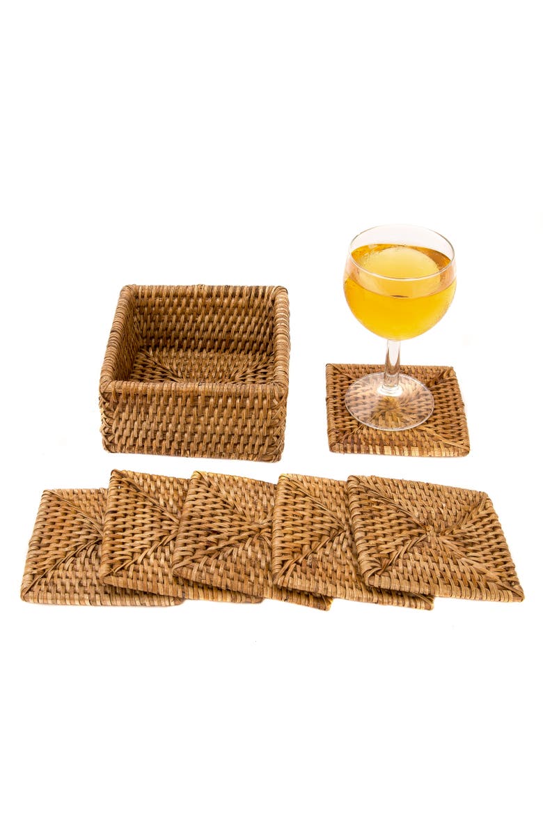 Artifacts Rattan Square Coasters - 7 piece set, Alternate, color, Honey Brown