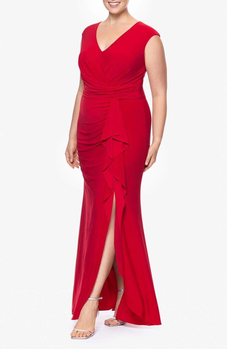 Betsy & Adam Ruffle Trim V-Neck Gown, Alternate, color, 