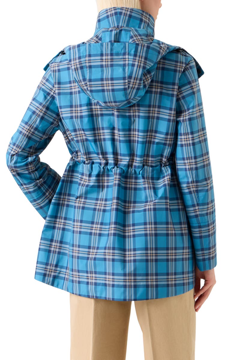 Akris punto Tartan Taffeta Hooded Coat, Alternate, color, Blue/ Beige