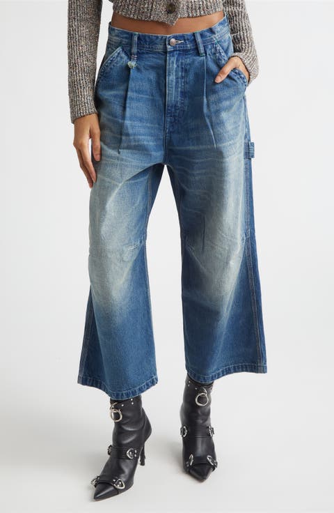Pleated Crop Wide Leg Carpenter Jeans (Depot Blue)